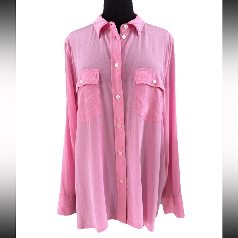 J. Crew Pink 100% Silk Button Up Blouse Size 18 Relaxed Fit Pockets